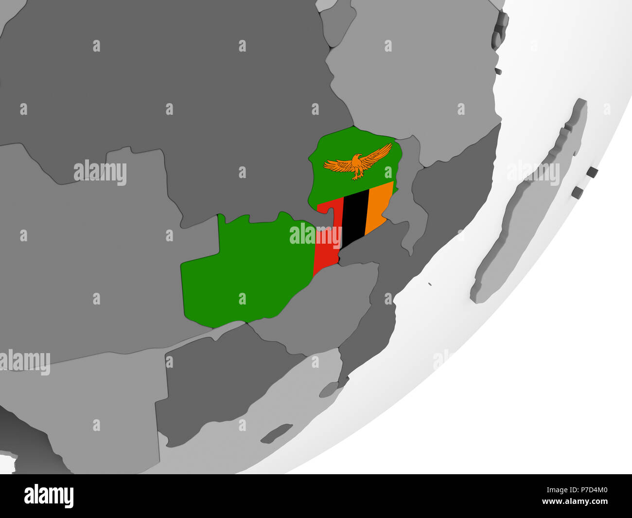 Zambia on gray political globe with embedded flag. 3D illustration ...