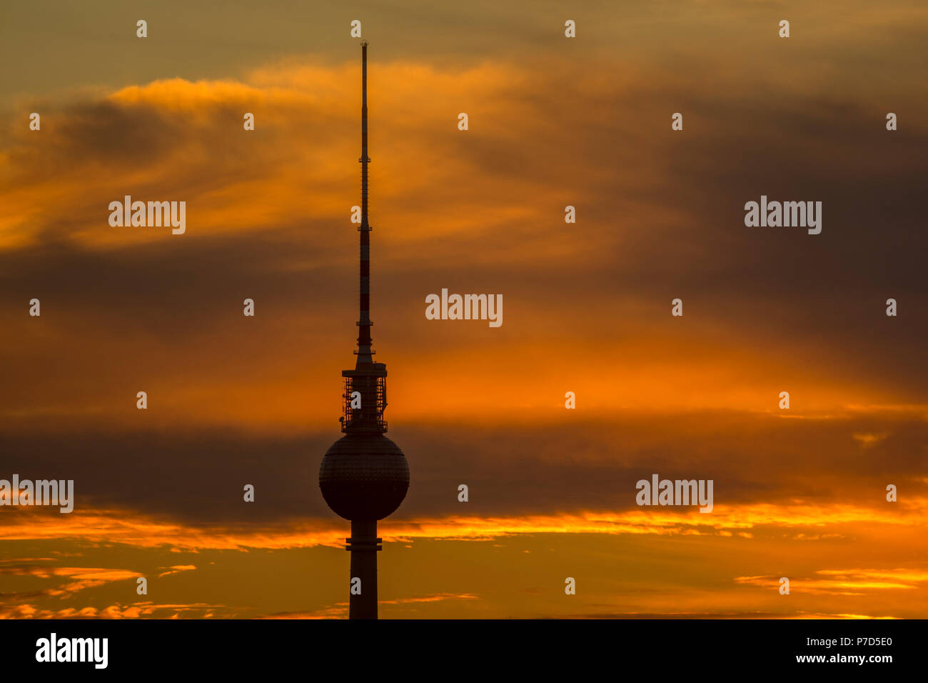 The silhouette of the berlin Television Tower for the evening sky, Berlin 2016. Stock Photo
