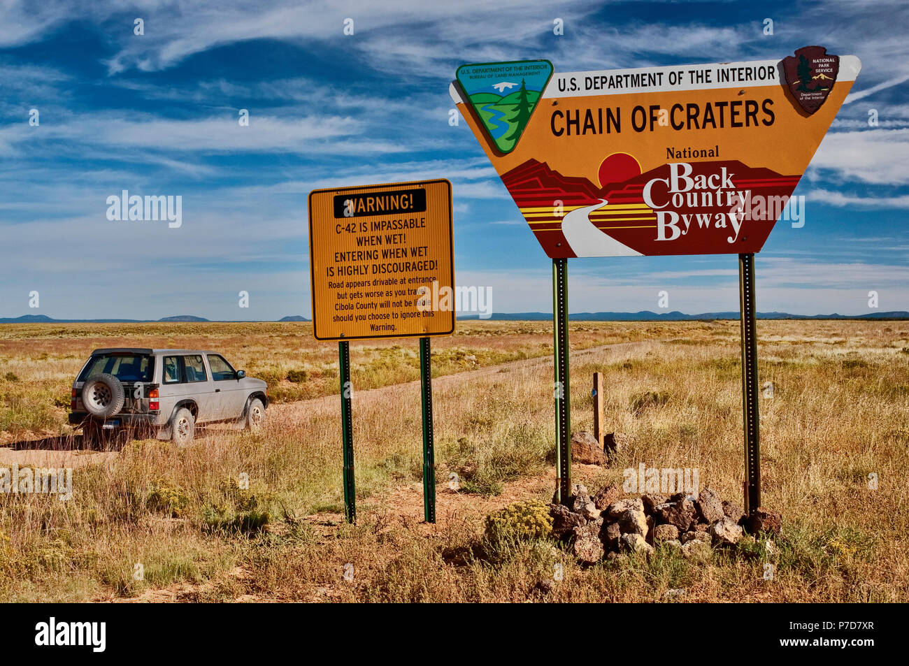 Warning signs at Chain of Craters Road at El Malpais National Monument, New Mexico, USA Stock Photo