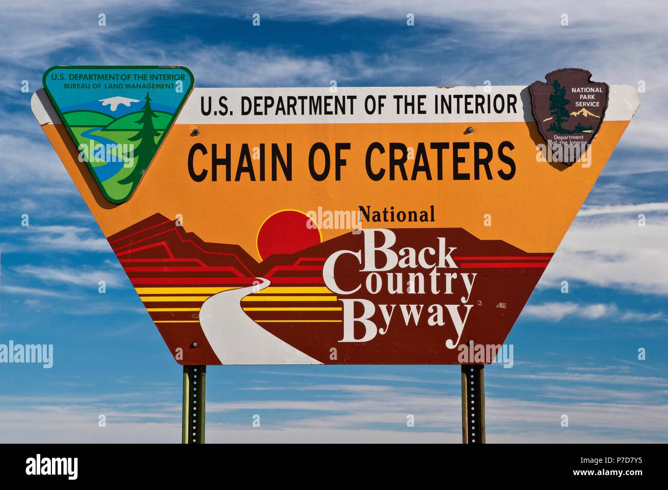 Sign at Chain of Craters Road at El Malpais National Monument, New Mexico, USA Stock Photo