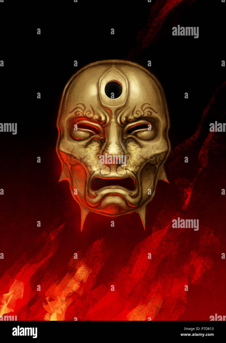A strange mask floating above flames Stock Photo - Alamy