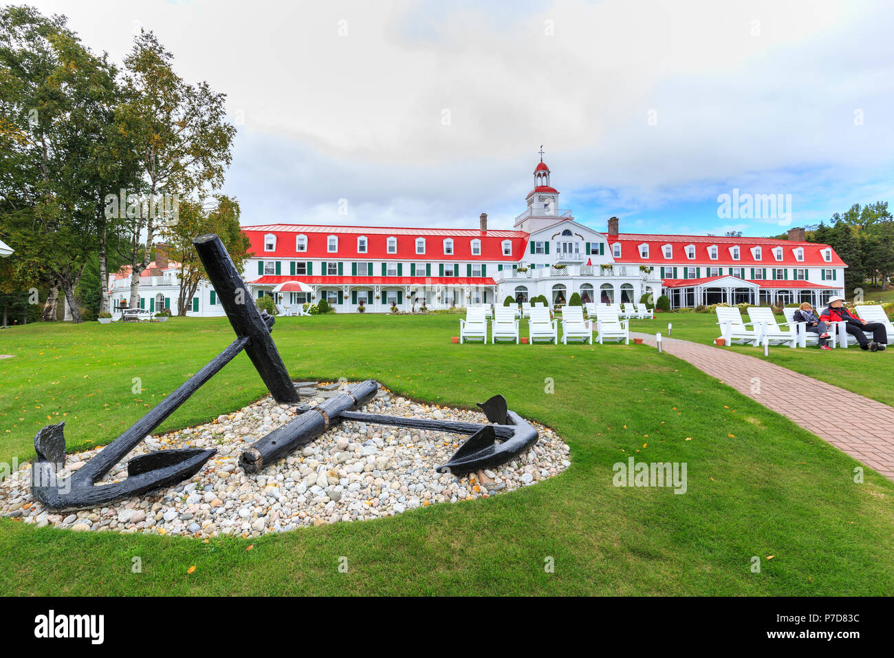 Hotel Tadoussac at the mouth of the Saguenay Fjord into the St. Lawrence River, Tadoussac, Québec Province, Canada Stock Photo