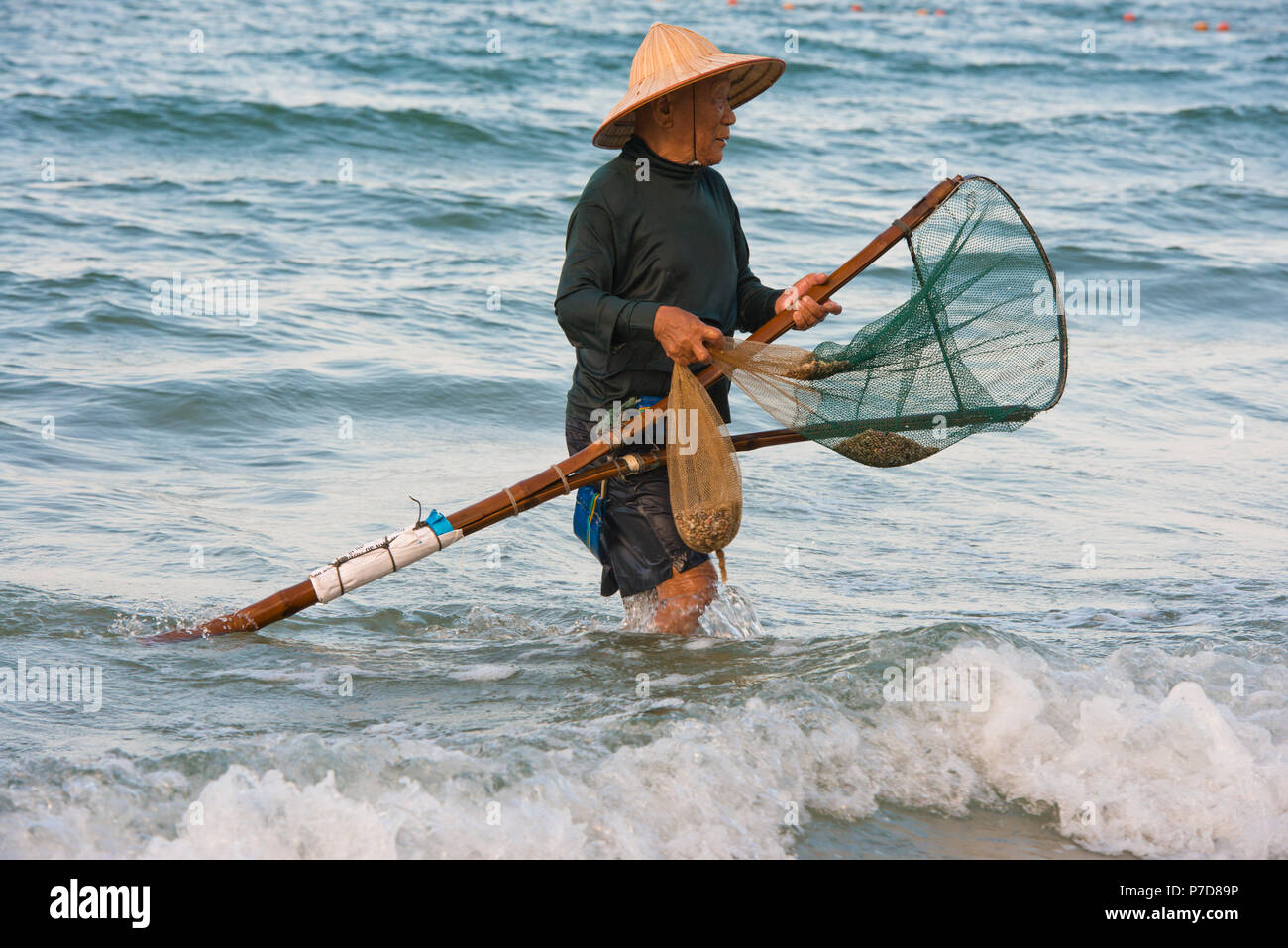 Mussel hunter, shellfish fisherman wearing a straw hat, Cua Dai beach in  Hoi An, Vietnam Stock Photo - Alamy