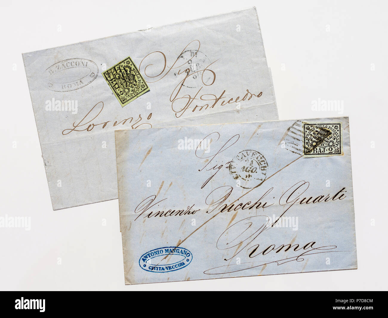 Old postal letter with postmark stamps. Antique airmail letters with plane  border mark, mail stamp label and post ink cachet vector set Stock Vector