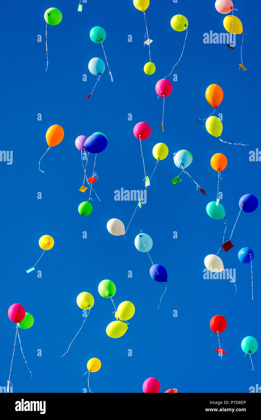 Colorful balloons rise to the sky, Bad Homburg vor der Höhe, Hesse, Germany Stock Photo