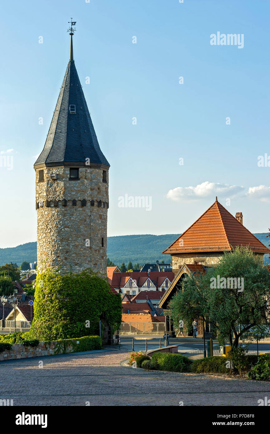 Reconstructed Romanesque witch tower with bridge keeper's house, Old Town, Bad Homburg vor der Höhe, Hesse, Germany Stock Photo