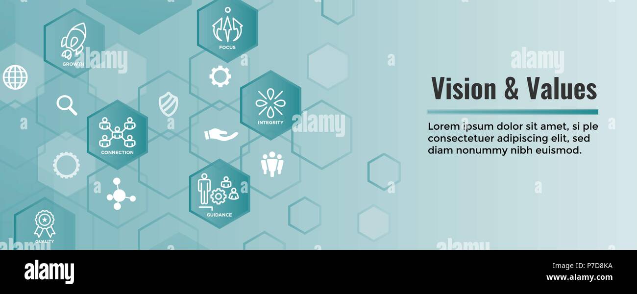 Vision & Values Web Header Banner with Connection, Growth, Focus, and Quality Stock Vector