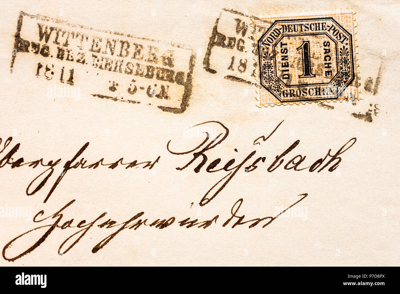1860s North German Confederation postage stamps on letters. Stock Photo