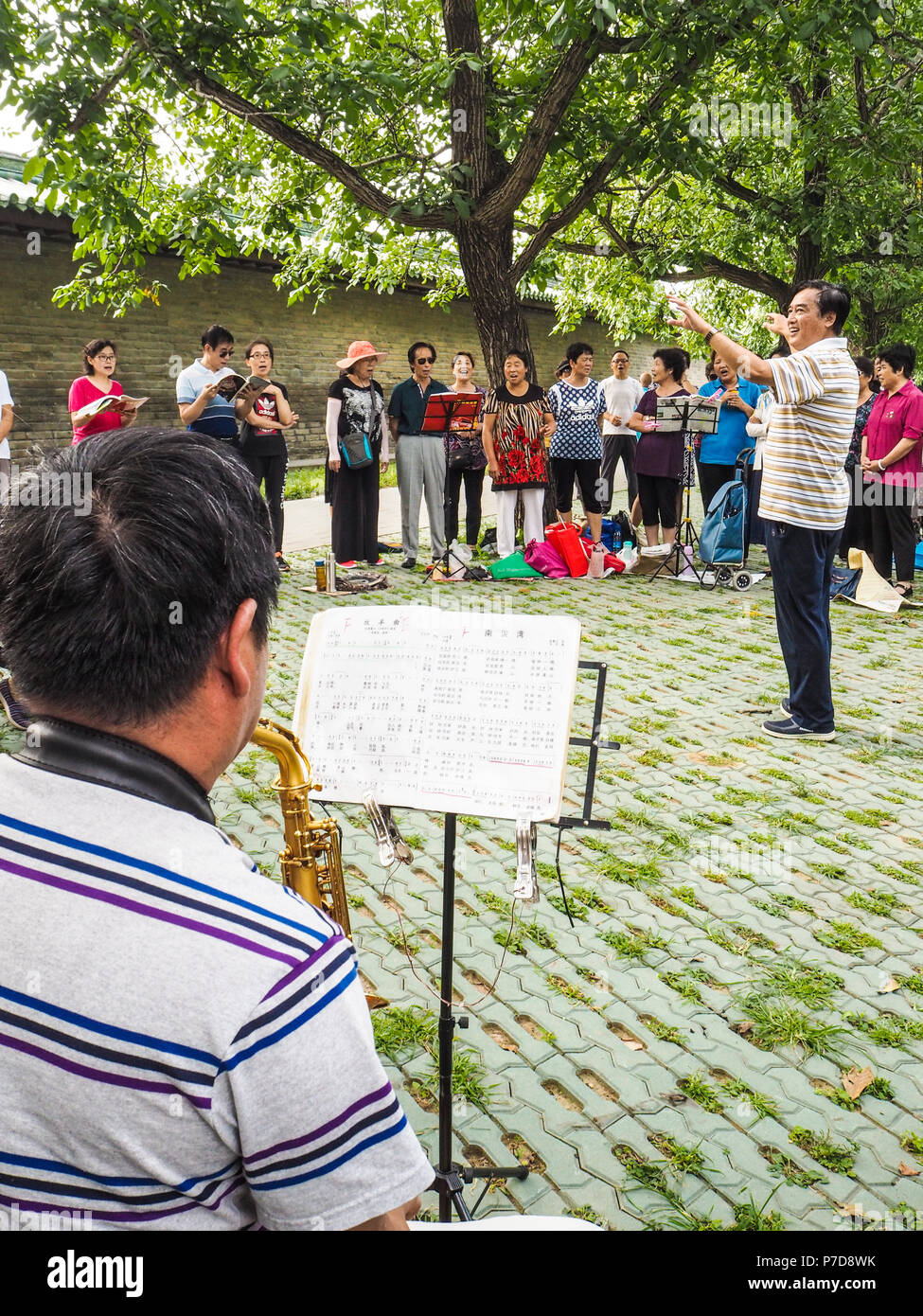Beijing, China - September 2017: group of middle aged and retired people singing together in the park of the Temple of Heaven on a Sunday afternoon Stock Photo