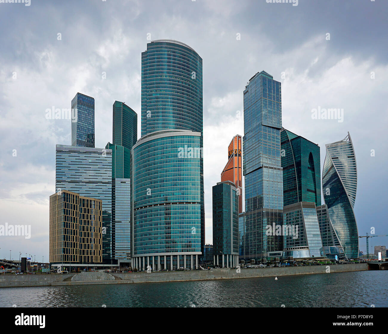 Skyline of Moscow City, with (from left) Oko Tower, Eurasia Tower, Naberezhnaya Tower, Mercury City Tower, Gorod Stoliz Towers Stock Photo
