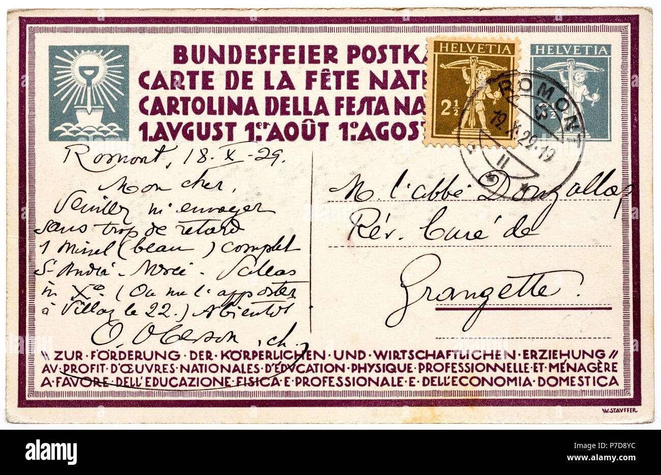 Swiss 1920s 'William Tell' definitive postage stamp on postcard. Stock Photo