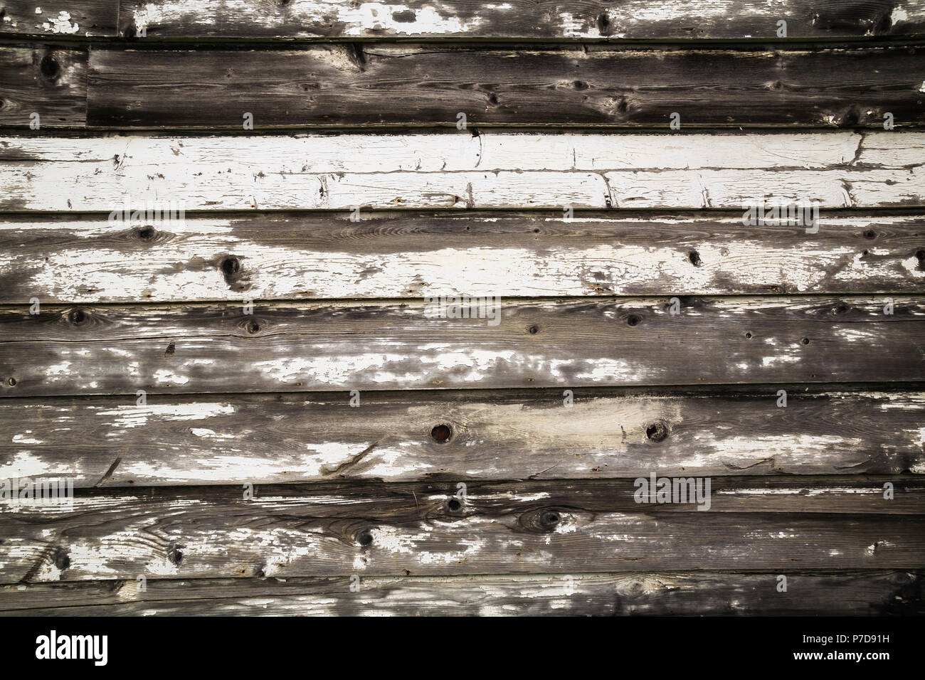 Close-up of old wooden grey and white painted barn wood planks, Quebec, Canada Stock Photo