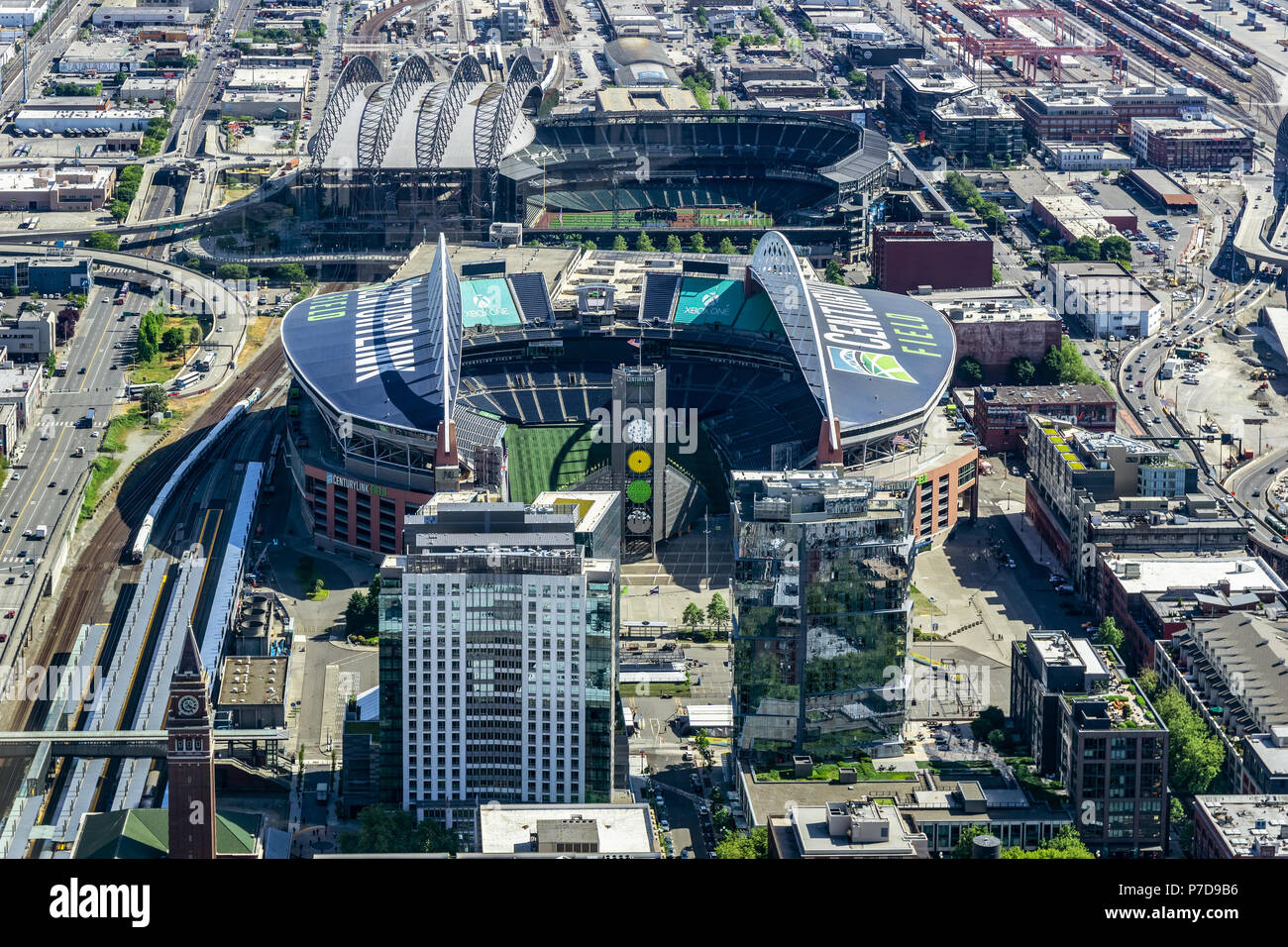SEATTLE, WASHINGTON STATE - MAY 31, 2018: Aerial view of the CenturyLink Field and the Safeco Field, the main stadiums of Seattle. Stock Photo