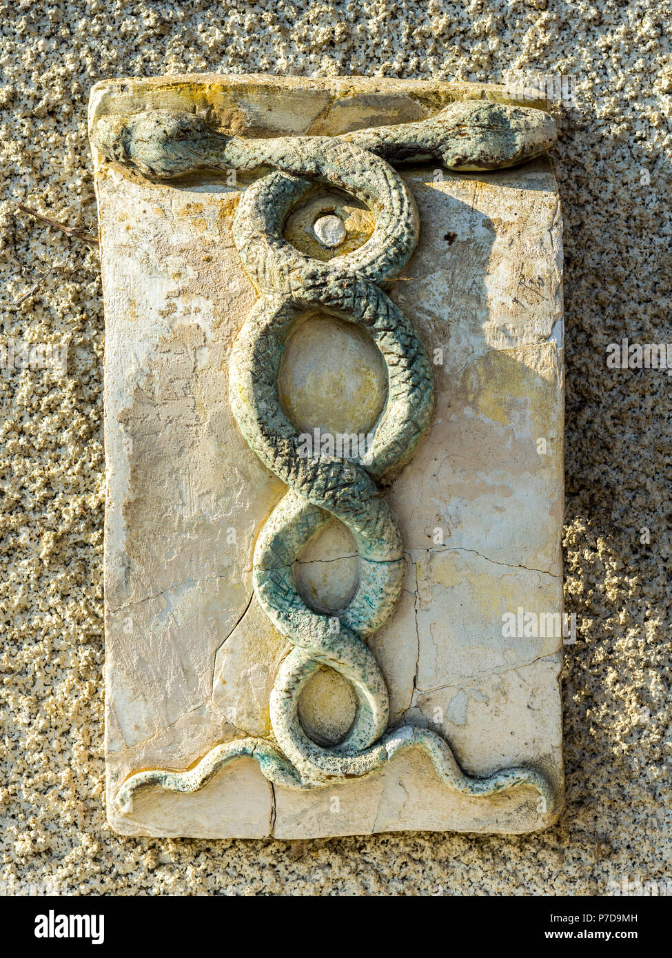 Old carved stone serpents sign for pharmacy / chemist - France. Stock Photo