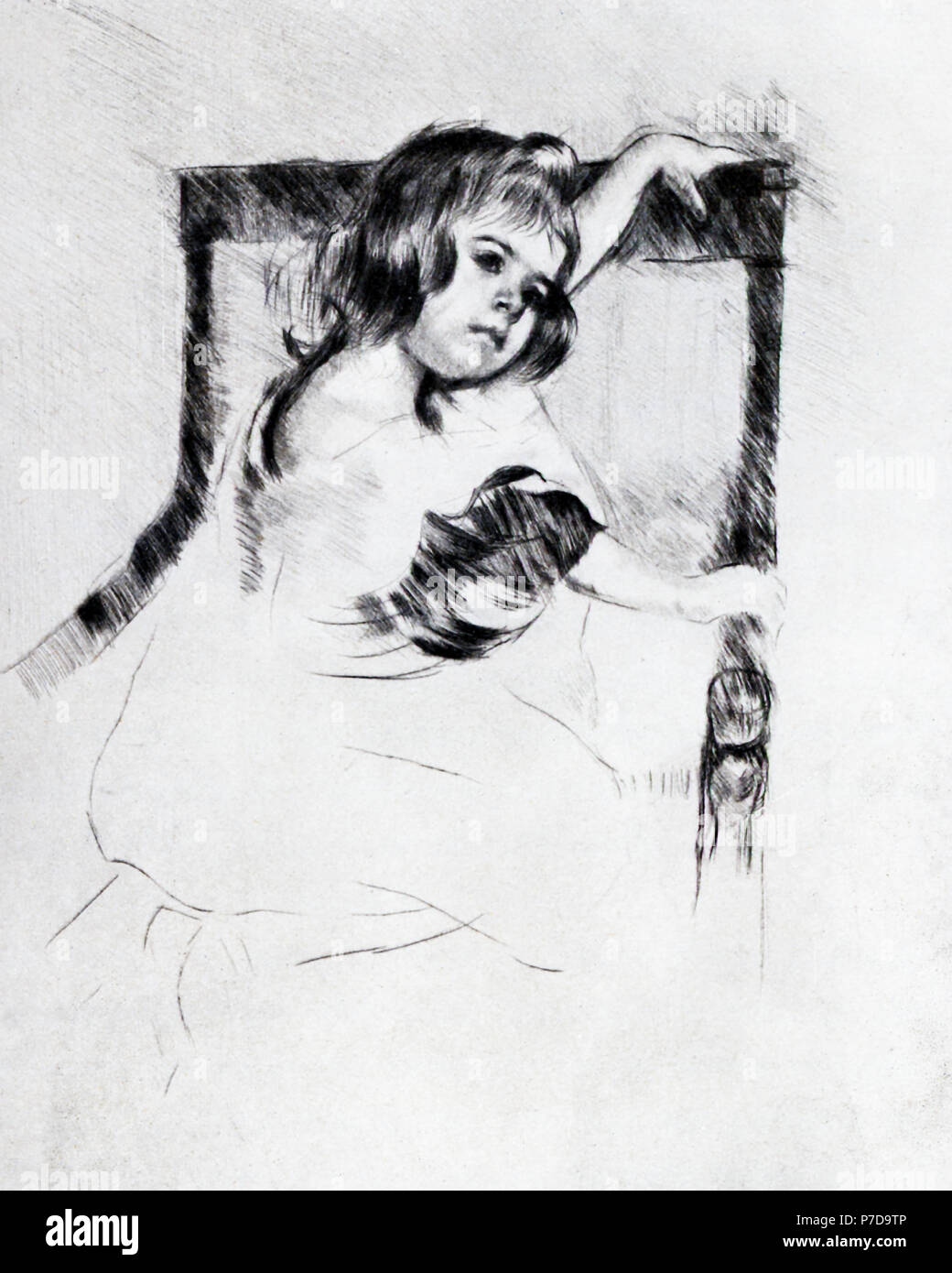 Mary Cassatt (1844-1926) was the only American artist to exhibit with the impressionists in Paris. She became known for her paintings of domestic moments, especially her pictures of women and children. Her works were among the first impressionist works seen in the United States. This etching is titled “Child Resting.” Stock Photo