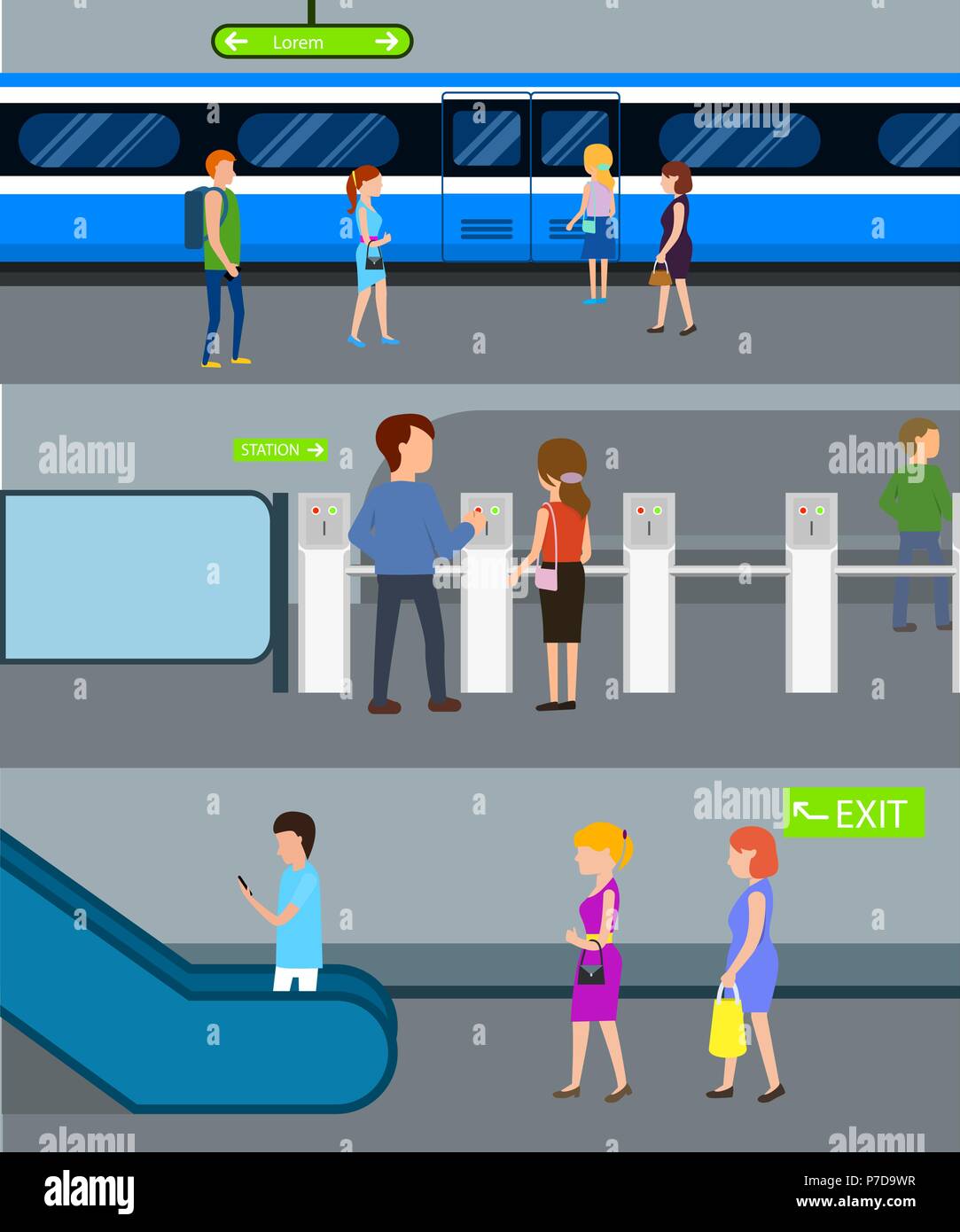 Subway station banner concept set, flat style Stock Vector