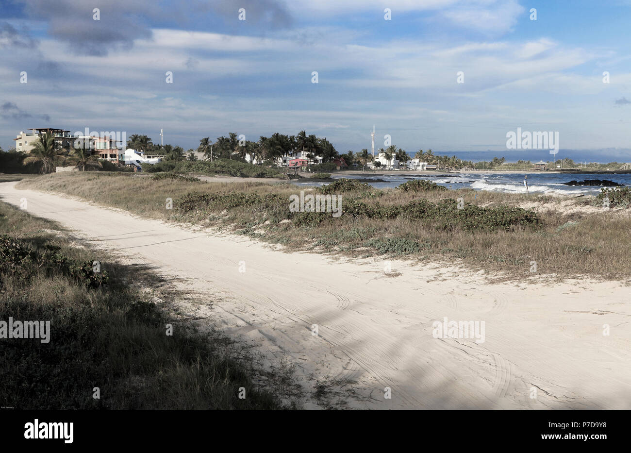 Sandy white sand path and beach in Puerto Villamil, Isabela Island ...