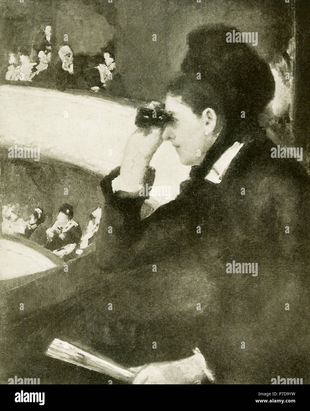 Mary Cassatt (1844-1926) was the only American artist to exhibit with the impressionists in Paris. She became known for her paintings of domestic moments, especially her pictures of women and children. Her works were among the first impressionist works seen in the United States. This painting is titled “Dans Le Loge.” Stock Photo