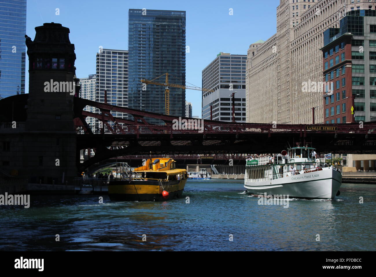 La Salle Street Bridge when walking along the Chicago River at downtown Chicago's River Walk in Illinois. Stock Photo
