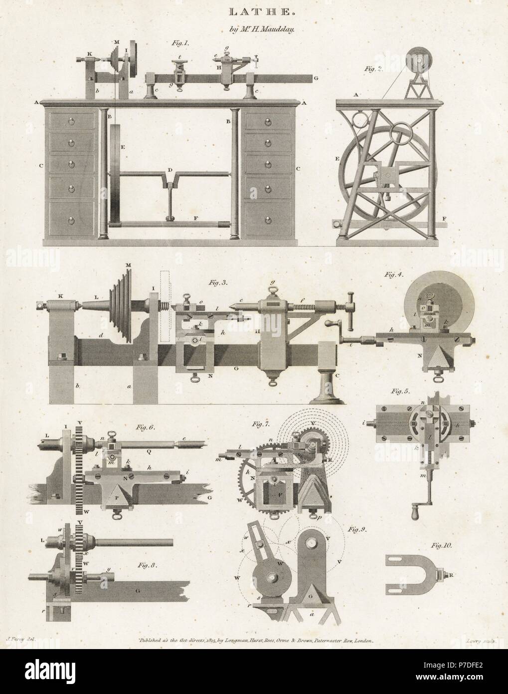Henry Maudslay's revolutionary screw-cutting lathe, 1800. Copperplate engraving by Wilson Lowry after a drawing by J. Farey from Abraham Rees' Cyclopedia or Universal Dictionary of Arts, Sciences and Literature, Longman, Hurst, Rees, Orme and Brown, London, 1815. Stock Photo