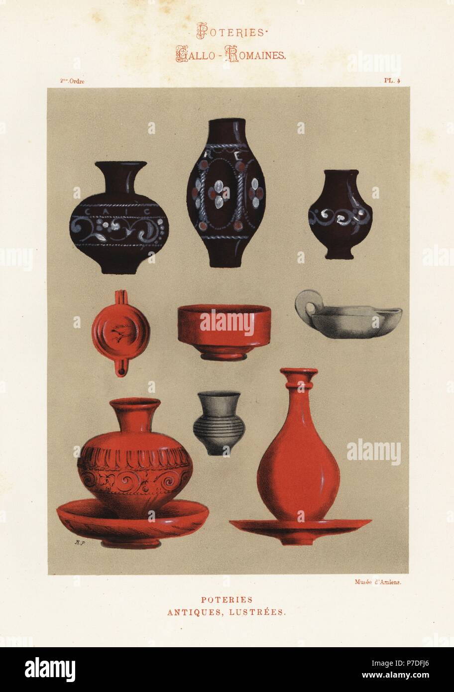 GalloRoman glazed pottery. Handfinished chromolithograph from Ris