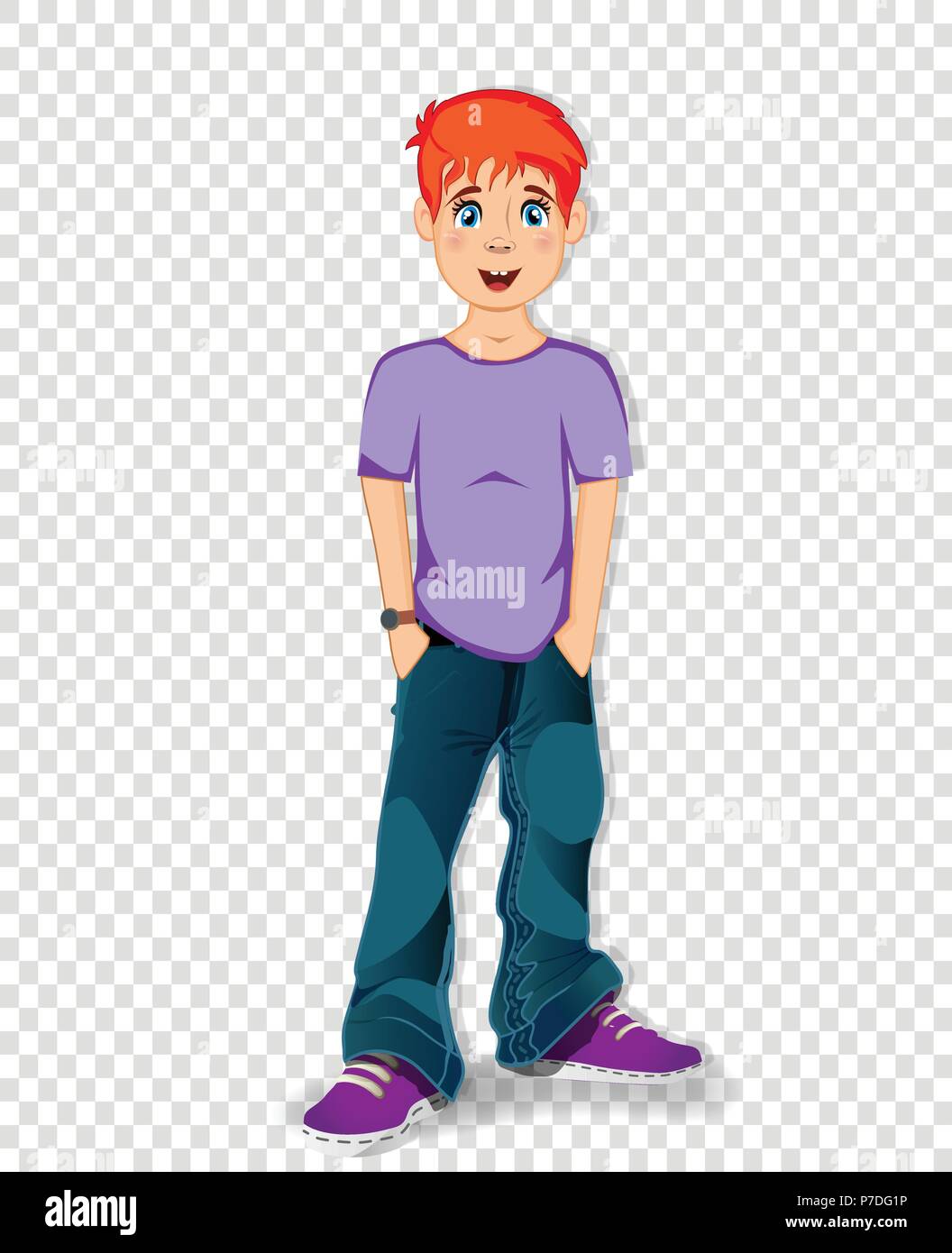Vector illustration of cute cartoon character of teenager schoolboy with ginger hair isolated on transparent background. Cool teen boy wearing blue je Stock Vector