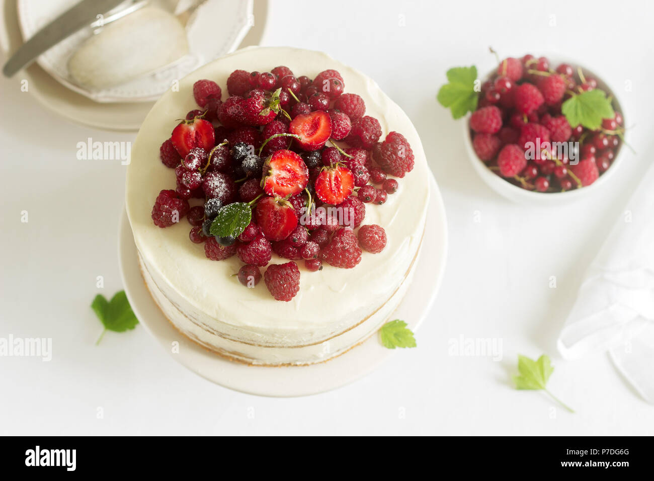 Summer Home Biscuit Cake With Curd Cream Decorated With Fresh
