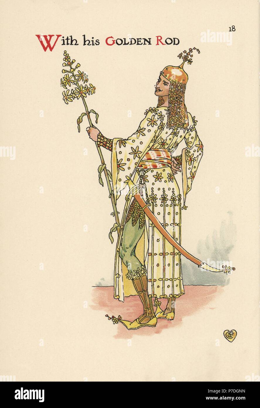 Flower fairy of golden rod, Solidago species, as an eastern warrior with helmet, tunic, scimitar and pointed shoes. Chromolithograph after an illustration by Walter Crane from A Flower Wedding, Cassell, London, 1905. Stock Photo