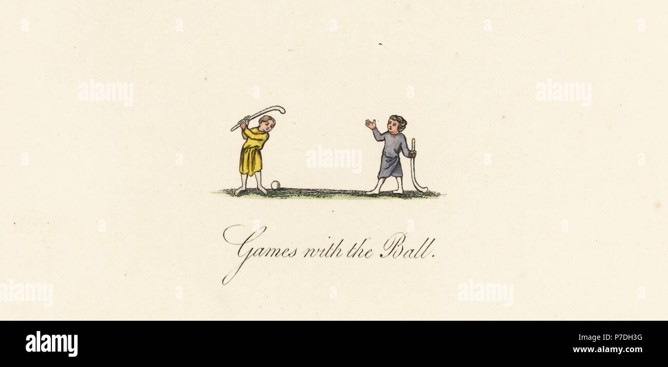 Two men playing golf, goff or bandy-ball, 14th century. Handcoloured lithograph by Joseph Strutt from his own Sports and Pastimes of the People of England, Chatto and Windus, London, 1876. Stock Photo