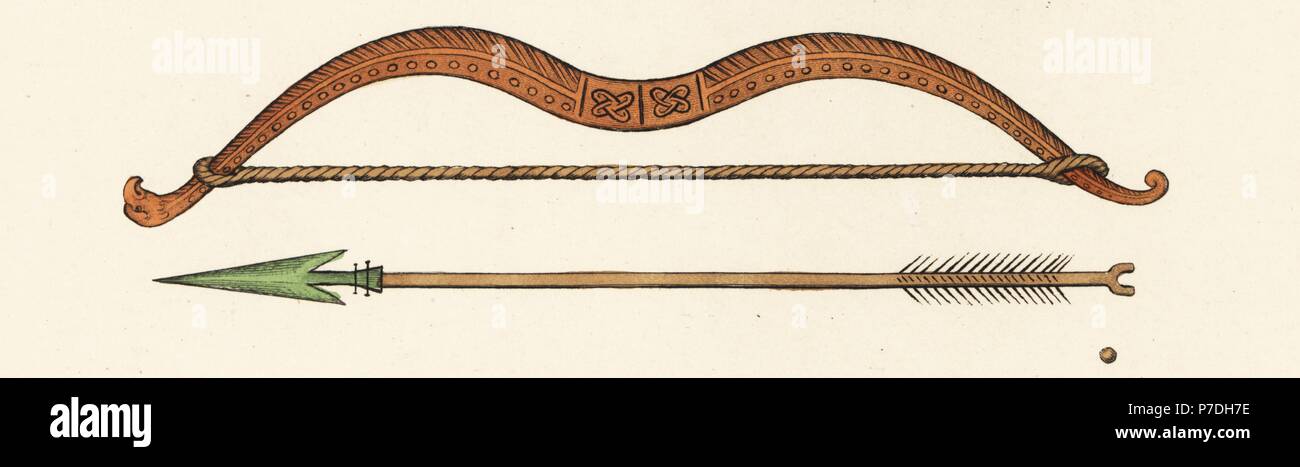 Saxon bow and arrow, 10th century. Handcoloured lithograph by Joseph Strutt from his own Sports and Pastimes of the People of England, Chatto and Windus, London, 1876. Stock Photo