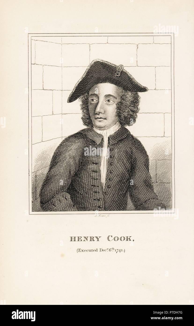 Henry Cook, notorious highwayman hanged at Tyburn, 1741. Copperplate engraving by R. Grave from John Caulfield's Portraits, Memoirs and Characters of Remarkable Persons, Young, London, 1819. Stock Photo