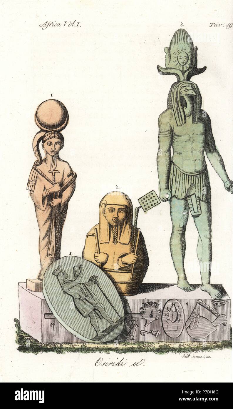 Statues and depictions of the Egyptian god Osiris. Handcoloured copperplate engraving by Andrea Bernieri from Giulio Ferrrario's Costumes Antique and Modern of All Peoples (Il Costume Antico e Moderno di Tutti i Popoli), Florence, 1843. Stock Photo