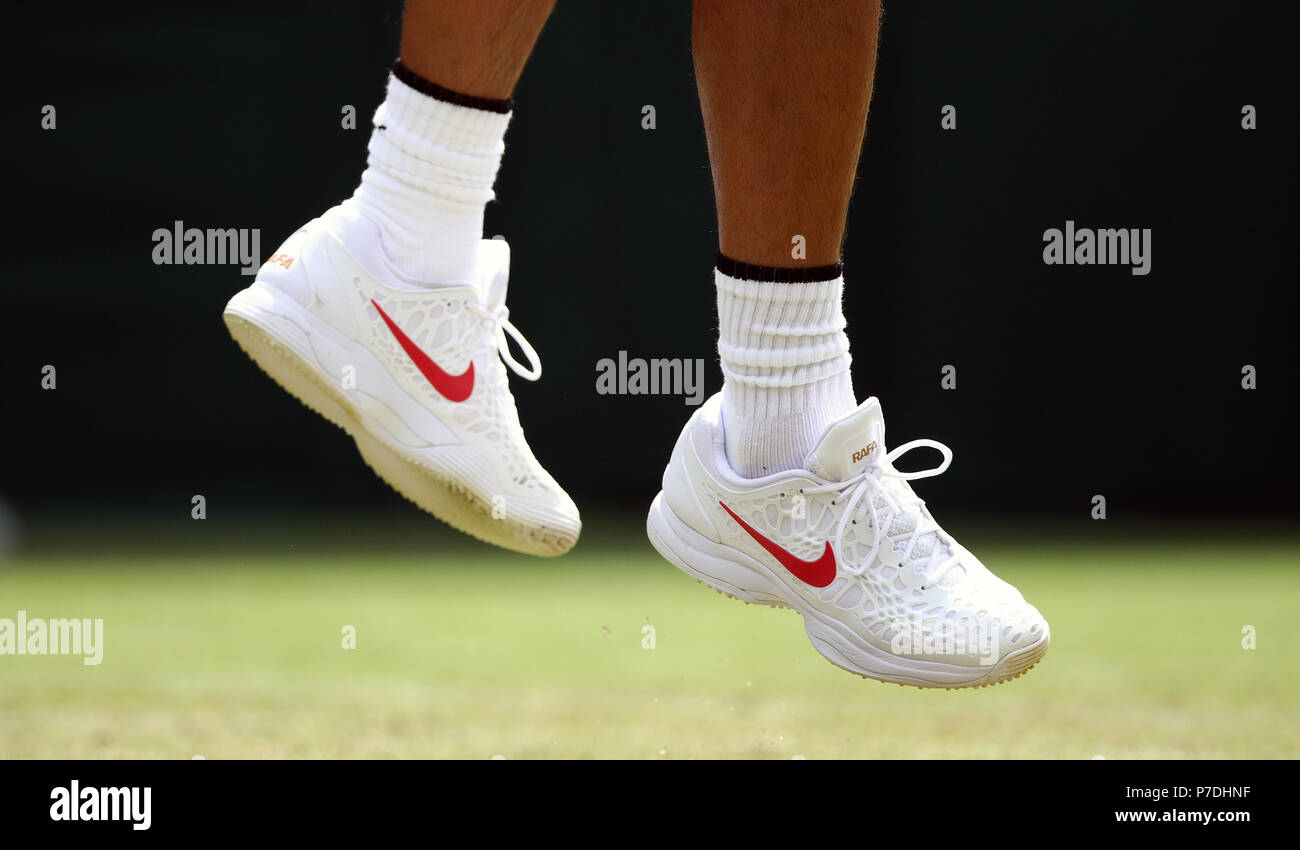 A detailed view of the nike trainers worn by Rafael Nadal on day four of  the Wimbledon Championships at the All England Lawn Tennis and Croquet  Club, Wimbledon. PRESS ASSOCIATION Photo. Picture