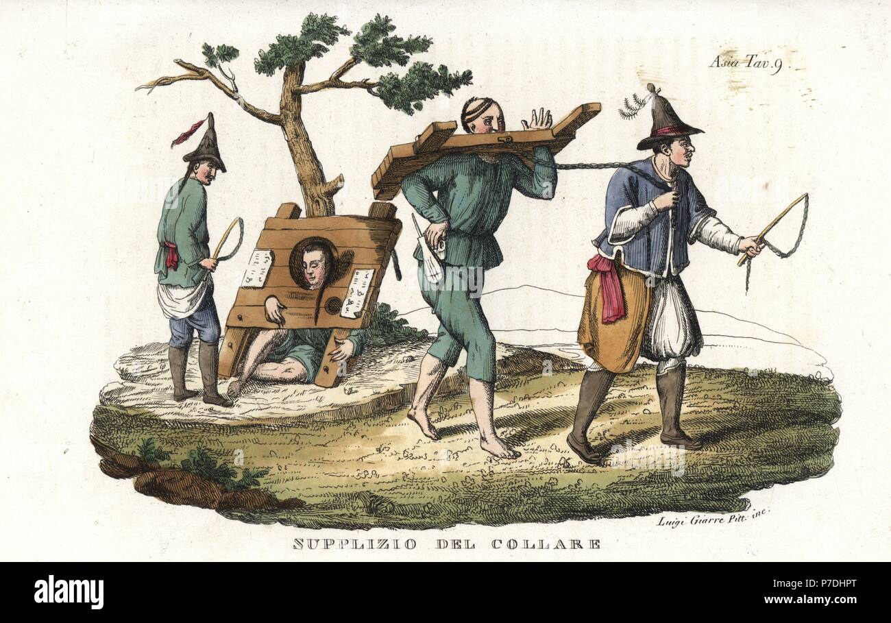 Chinese men in heavy wooden punishment and public humiliation collars or cangue being led by men with whips. Handcoloured copperplate engraving by Luigi Giarre from Giulio Ferrario's Ancient and Modern Costumes of all the Peoples of the World, Florence, Italy, 1843. Stock Photo