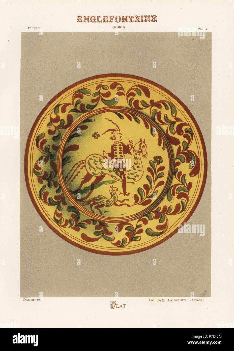 Decorative plate from Englefontaine, France. A man riding a large bird in the center, with a border of foliage on a yellow base. Hand-finished chromolithograph from Ris Paquot's General History of Ancient French and Foreign Glazed Pottery, Chez l'Auteur, Paris, 1874. Stock Photo