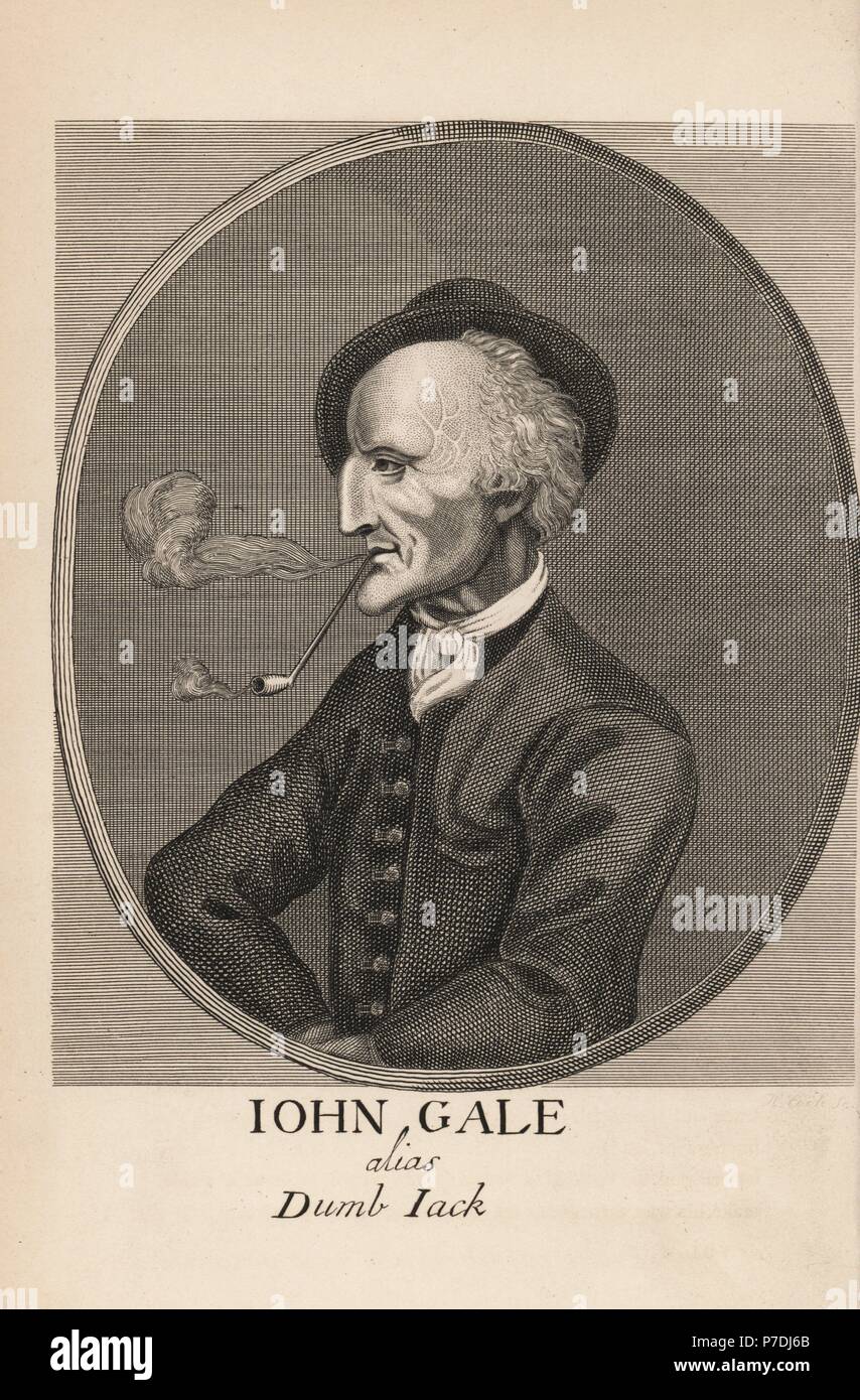 John Gale, or Dumb Jack, deaf and dumb idiot. Known for wearing his hat at a rakish angle, smoking a tobacco pipe, and enjoying public executions at Tyburn. Engraving from James Caulfield's Portraits, Memoirs and Characters of Remarkable Persons, London, 1819. Stock Photo