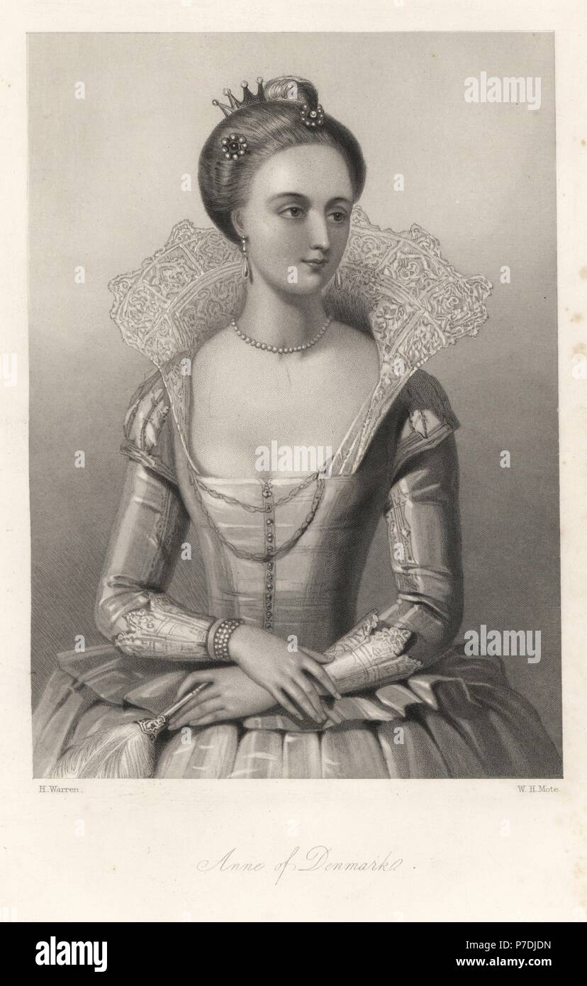 Anne of Denmark, queen consort and wife of King James I of England. Steel engraving by W.H. Mote after a portrait by H. Warren from Mary Howitt's Biographical Sketches of The Queens of England, Virtue, London, 1868. Stock Photo