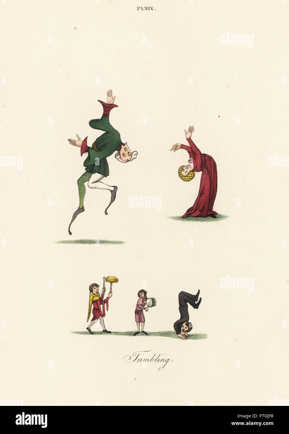 Man tumbling backwards, 14th century, woman tumbling, 13th century, and girl backflipping accompanied by a juggler and musician with pipe and tabor, 14th century. Handcoloured lithograph by Joseph Strutt from his own Sports and Pastimes of the People of England, Chatto and Windus, London, 1876. Stock Photo