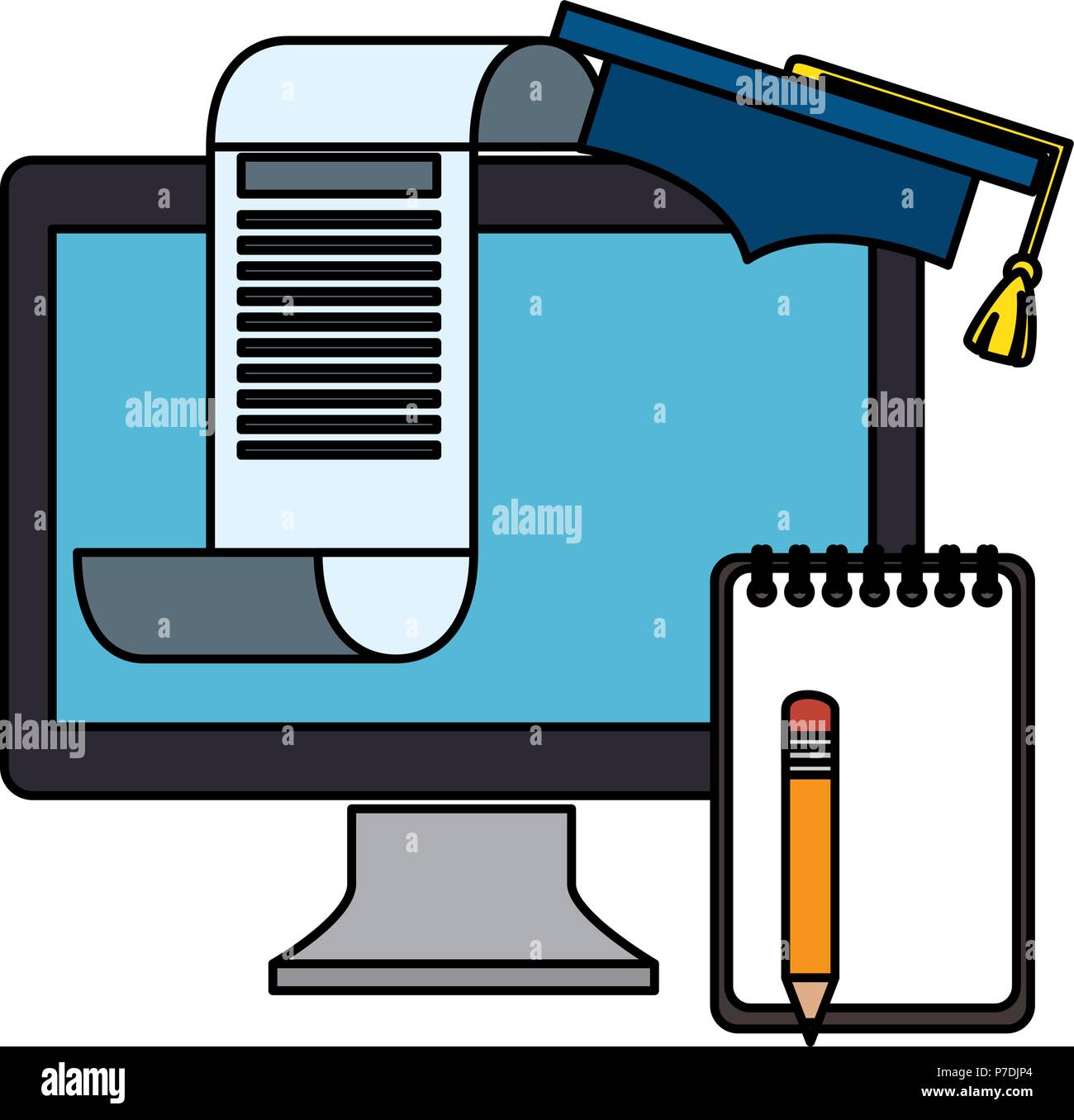computer desktop with hat garduation and notebook Stock Vector Image ...
