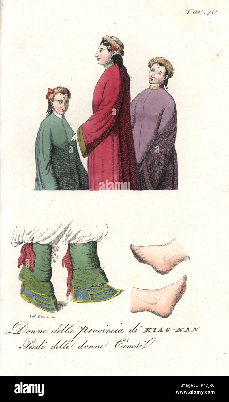 Costumes of women in silk robes and fur hats of Liu-ching, Kiangnan  province, and footbinding shoes and deformed feet. Handcoloured copperplate  engraving by Andrea Bernieri from Giulio Ferrrario's Costumes Antique and  Modern