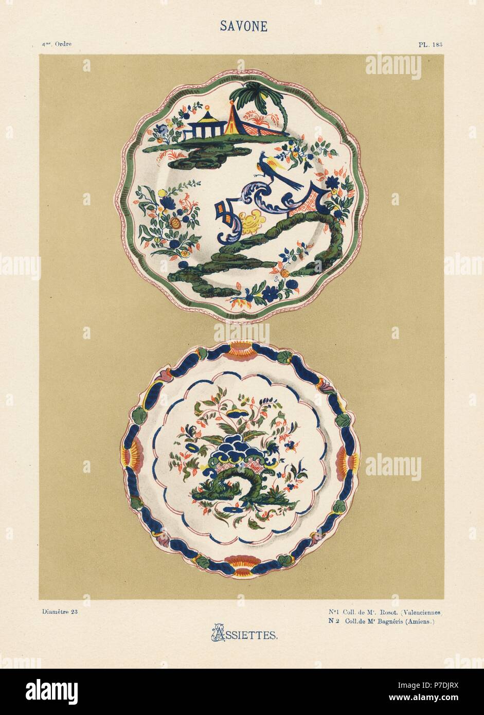 Plates from Savona, Italy, 18th century, with Oriental landscapes, flowers  and birds. Hand-finished chromolithograph from Ris Paquot's General History  of Ancient French and Foreign Glazed Pottery, Chez l'Auteur, Paris, 1874  Stock Photo -