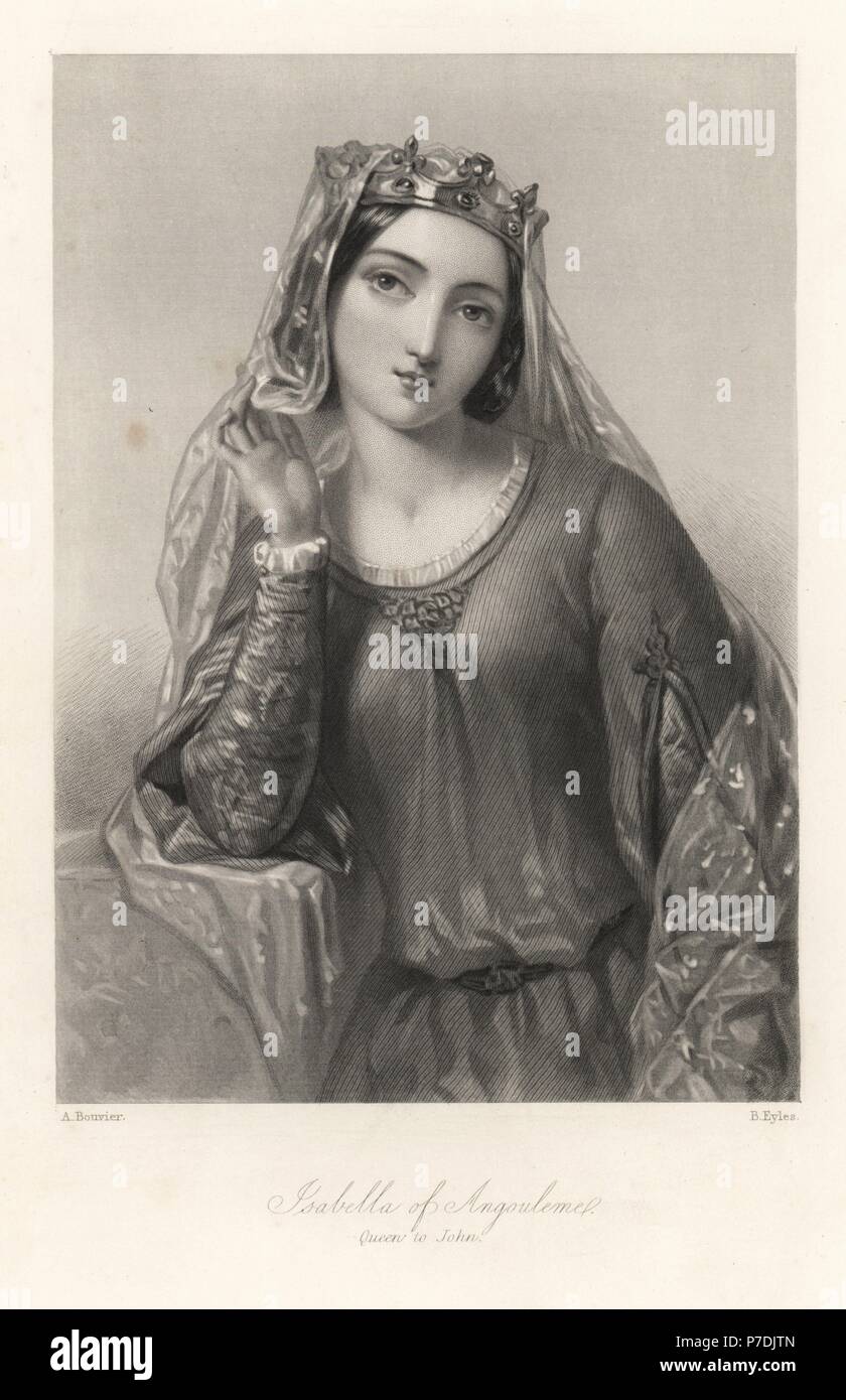 Isabella of Angouleme, queen consort of King John of England. Steel engraving by B. Eyles after a portrait by A. Bouvier from Mary Howitt's Biographical Sketches of The Queens of England, Virtue, London, 1868. Stock Photo