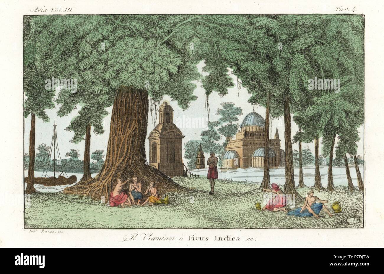 Indian men and women under an Indian banyan tree, Ficus benghalensis, with temple in the background, 1800s. Handcoloured copperplate engraving by Andrea Bernieri from Giulio Ferrario's Costumes Ancient and Modern of the Peoples of the World, Batelli, Florence, 1843. Stock Photo