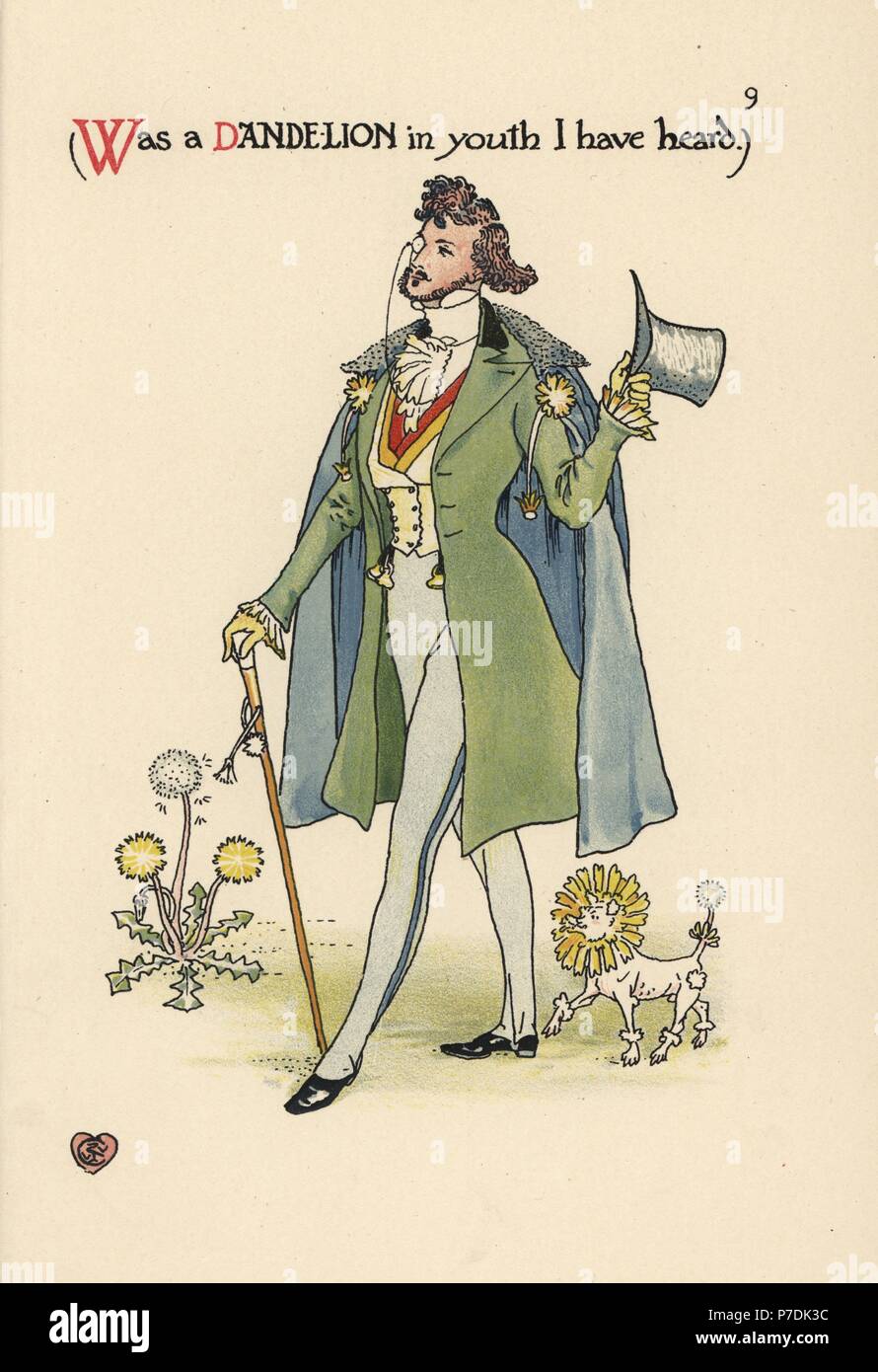 Flower fairy of a dandelion, Taraxacum officinale, as a fashionable young dandy with poodle. Chromolithograph after an illustration by Walter Crane from A Flower Wedding, Cassell, London, 1905. Stock Photo