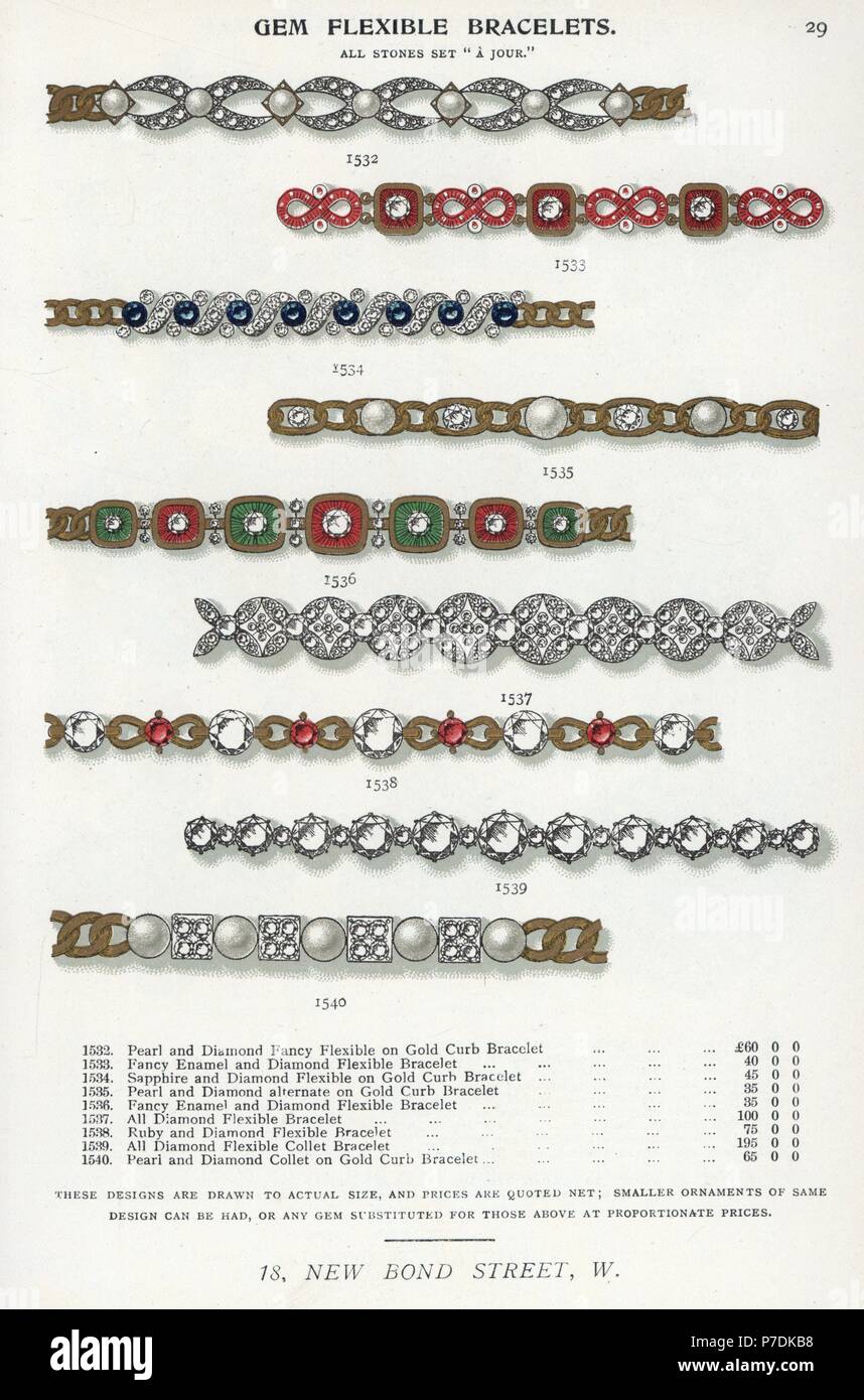 Gem flexible bracelets in pearl, diamond, enamel, sapphire and ruby