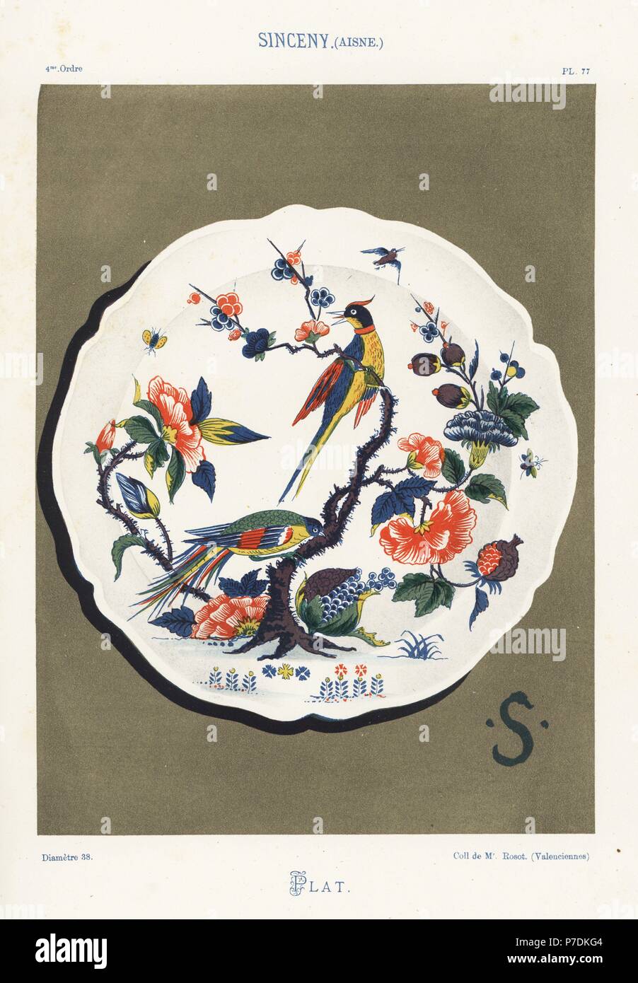 Plate from Sinceny, France, 18th century, Oriental landscape with birds and flowers. Hand-finished chromolithograph from Ris Paquot's General History of Ancient French and Foreign Glazed Pottery, Chez l'Auteur, Paris, 1874. Stock Photo