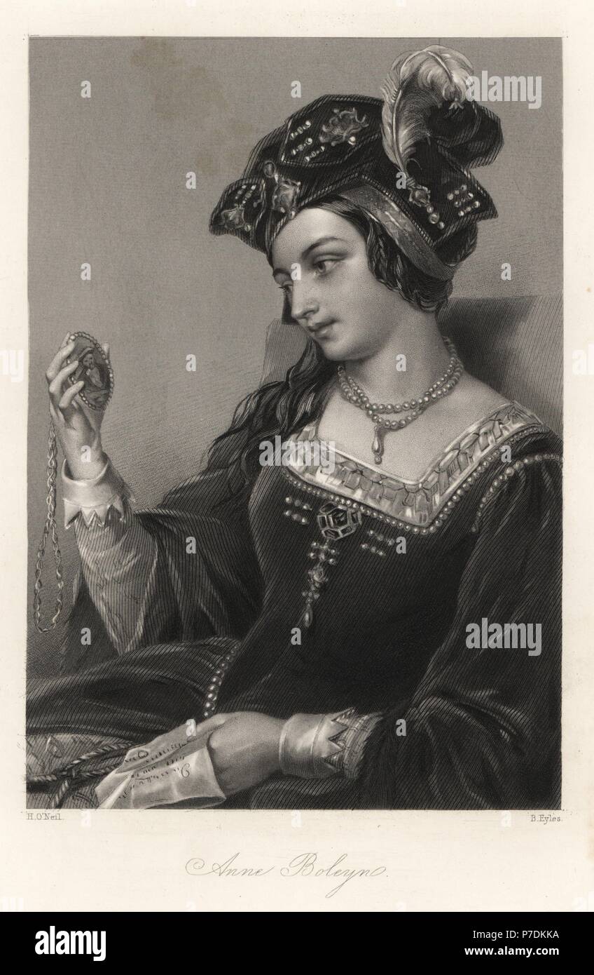 Anne Boleyn, queen of King Henry VIII of England. Steel engraving by B. Eyles after a portrait by H. O'Neil from Mary Howitt's Biographical Sketches of The Queens of England, Virtue, London, 1868. Stock Photo
