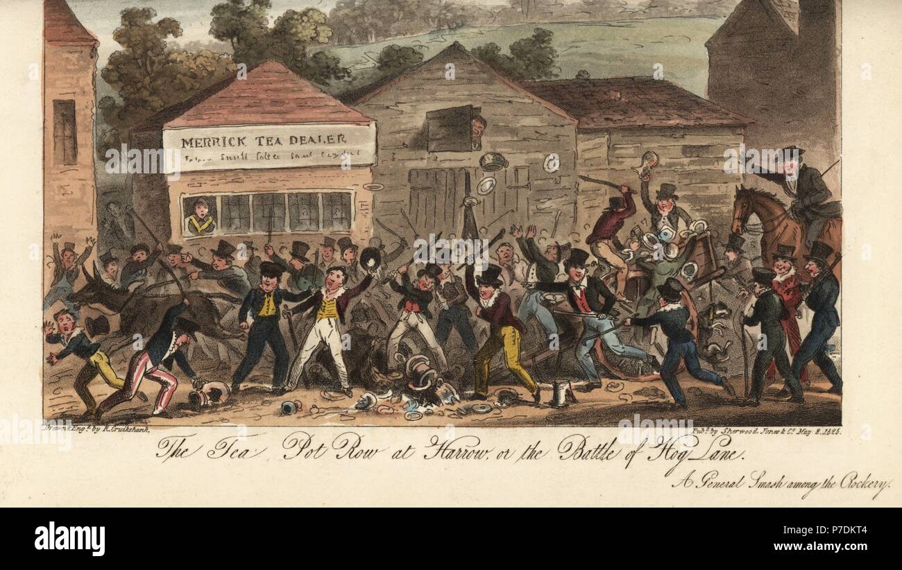 Harrow School boys smashing crockery in Hog Lane, 1825. The Tea Pot Row