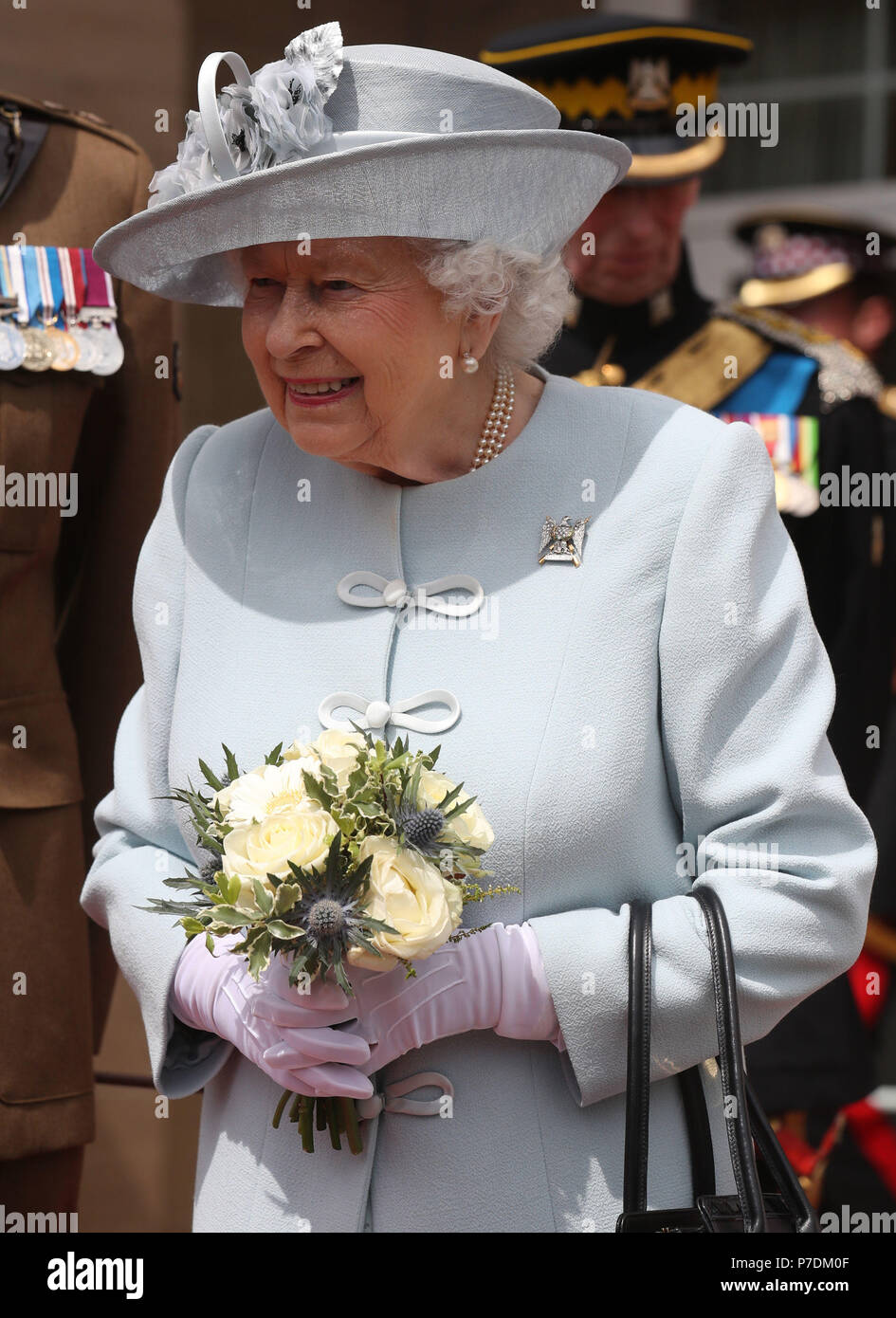 Queen Elizabeth II , Colonel-in-Chief Royal Scots Dragoon Guards (Carabiniers and Greys) leaving Leuchars Station in Fife after she presented the New Standard to the regiment. Stock Photo