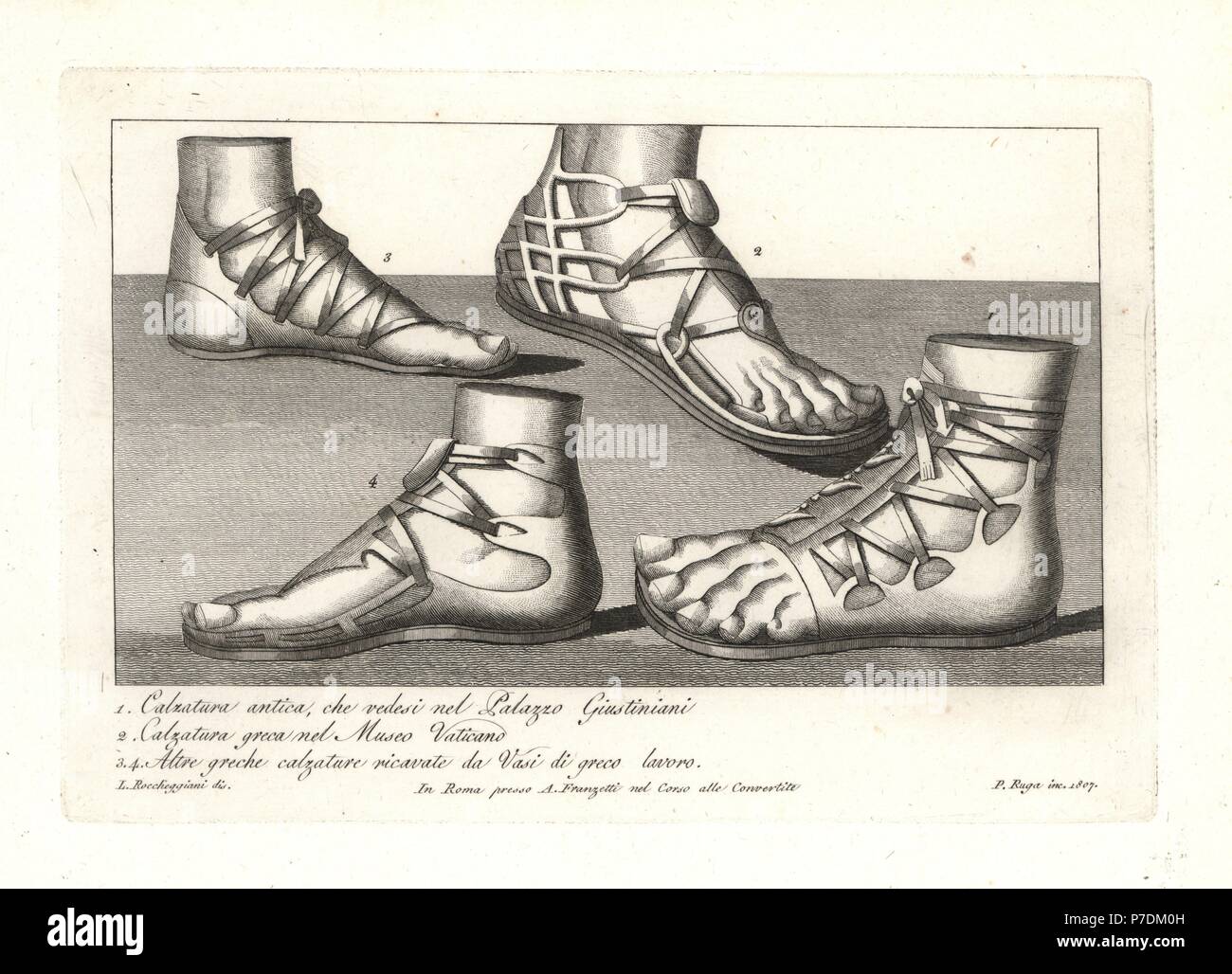 Ancient shoe from the Palazzo Giustiniani 1, ancient Greek shoe from the  Vatican Museum 2, and other Greek shoes from Greek vases 3,4. Copperplate  engraving by Pietro Ruga after an illustration by
